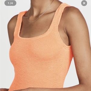 Hunza G London Square neck crinkle coral swimsuit.